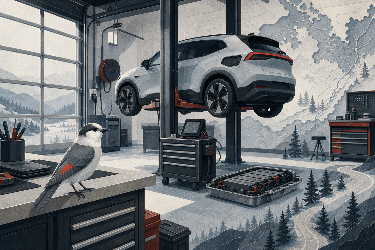 Un mésangeai du Canada observe un véhicule électrique, une batterie pis de l'équipement de service dans un garage canadien.