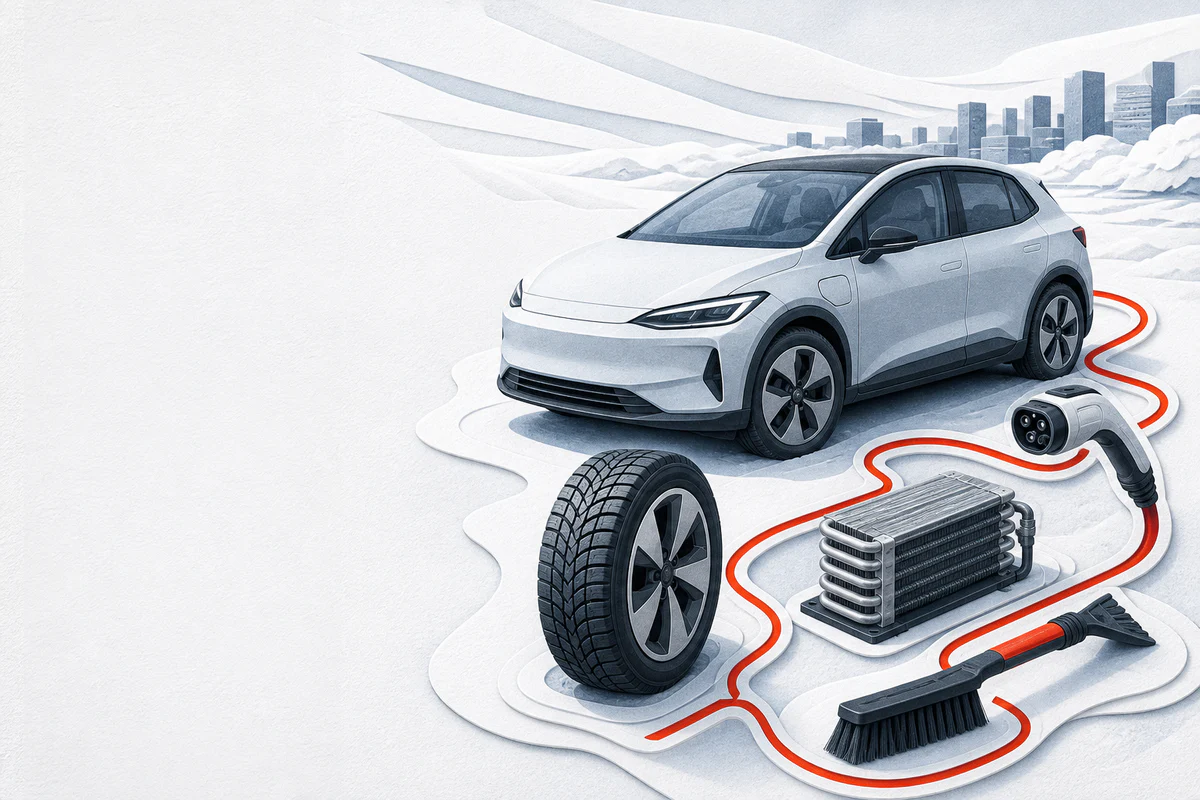 Un véhicule électrique, un pneu d'hiver, un connecteur de recharge, un échangeur de chaleur pis une brosse à neige reliés par une route rouge.